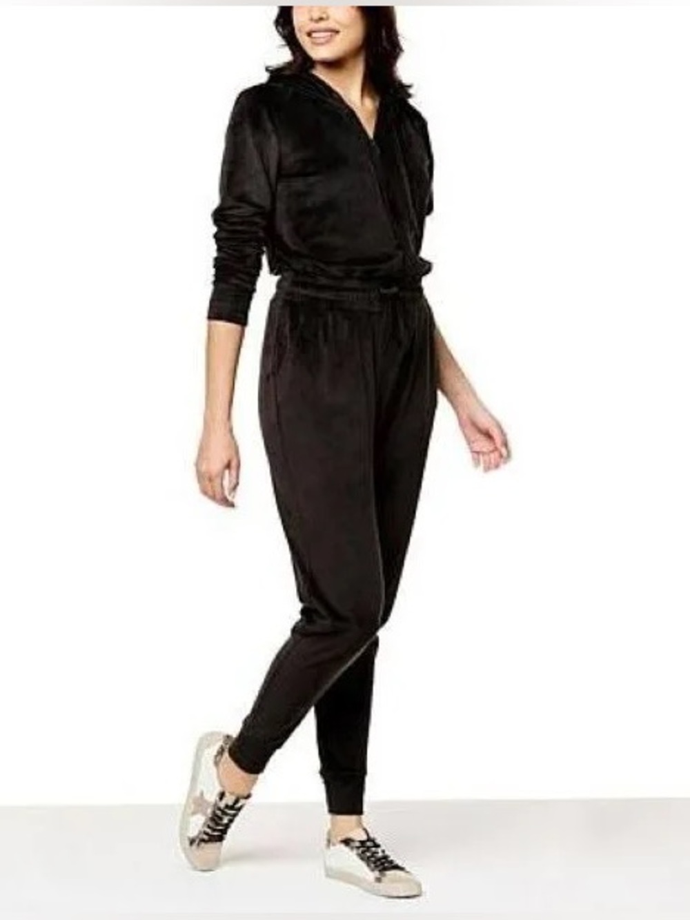 Black Hooded Velour Jumpsuit